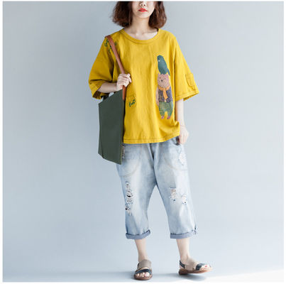 good price 大码纯棉印花T恤2018夏季新品韩版宽松简约胖mm短袖上衣女 online