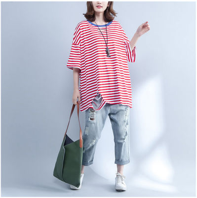 good price 大码条纹T恤女2018夏季新品韩版休闲宽松胖MM短袖中长上衣 online