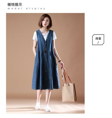 good price 春夏；女；无袖牛仔背带裙；V领；中长款；大码；宽松；A字；牛仔背心连衣裙 online